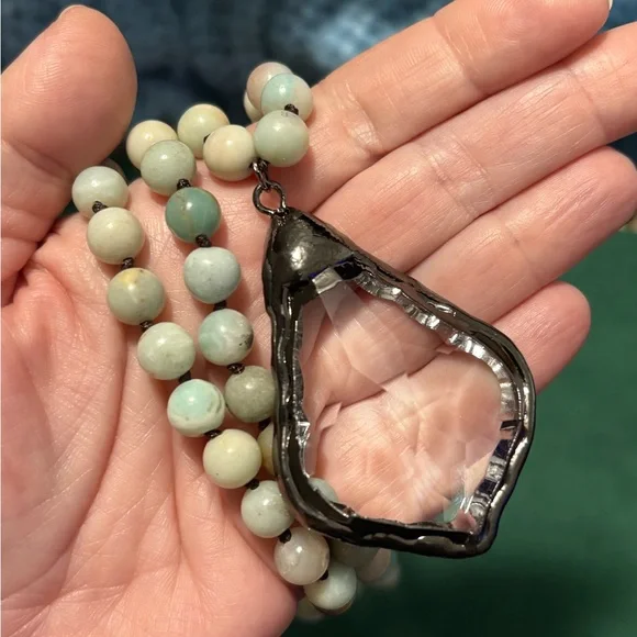 Amazonite Beaded Necklace w/ Large Faceted Crystal Pendant 17.5” Boho Statement - Picture 4 of 5